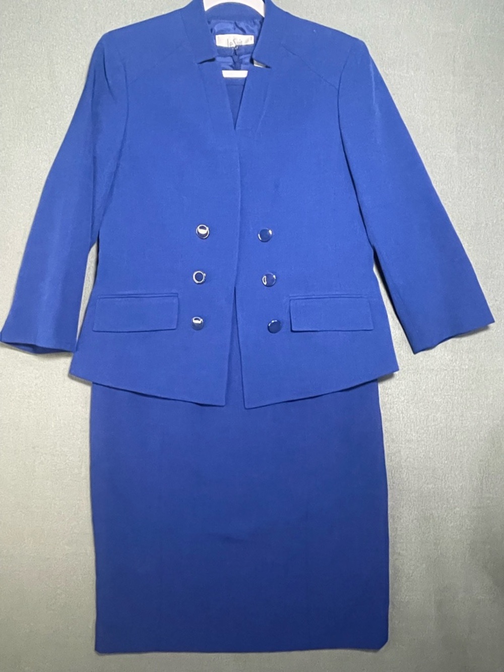Le Suit 2 Piece Dress Suit Set Blue Blazer Jacket Sheath Dress Size 8